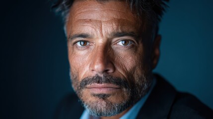 A striking close-up portrait of a mature man with intense brown eyes and a gray beard, expressing depth and thoughtfulness in a dimly lit background that adds drama.