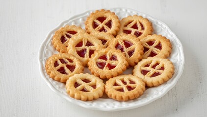 Plate of festive Austrian Linzer cookies filled with red jam. Empty space for text