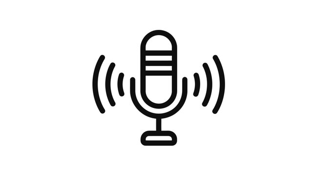 A simple black line art icon of a microphone with sound waves radiating outwards