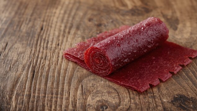 Plum roll on wood. Dried fruit treat recipe. Space for text