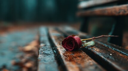 A solitary, dewy rose rests on a weathered wooden bench in a serene park setting, evoking feelings of nostalgia, loss, and beauty intertwined with nature's elements.