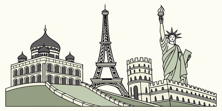 Iconic landmarks from around the world depicted in a whimsical illustration