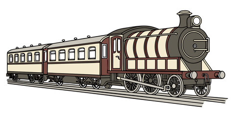 A vintage steam locomotive pulling passenger carriages through a scenic landscape © Gf