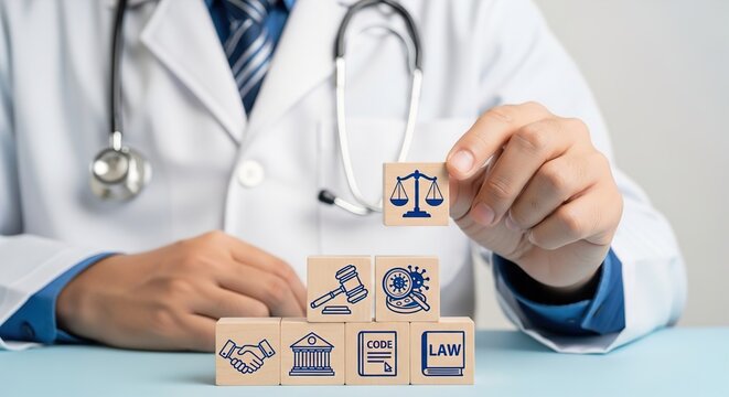 Doctor arranging wooden blocks with medical law symbols
