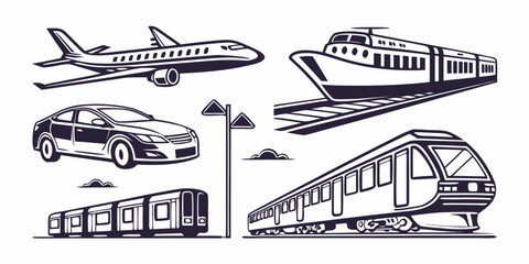 Illustration of various modes of transportation including cars, trains, and planes.