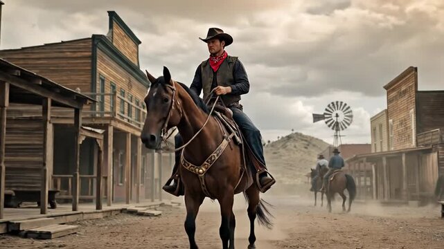 A cowboy riding a horse through a dusty old western town with other figures in the background