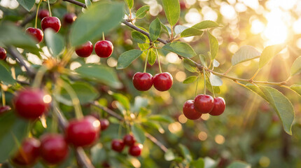 Cerises rouges m&ucirc;res sur une branche de cerisier dans un verger baign&eacute; de lumi&egrave;re