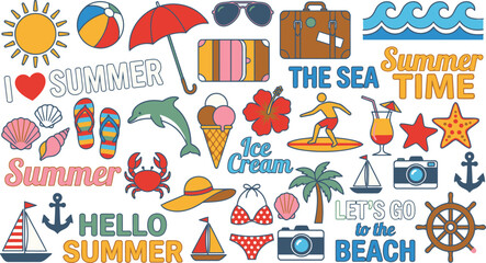 A vibrant collection of summer vacation icons and beach holiday elements perfect for seasonal designs