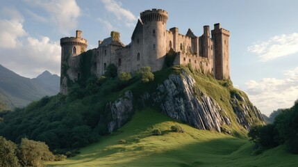 Majestic Castle Perched on a Rocky Outcrop Surrounded by Lush Greenery and Scenic Mountains in the Background