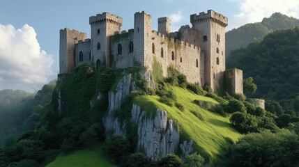 Majestic Medieval Castle Perched on a Rocky Hill Surrounded by Lush Greenery and Blue Skies