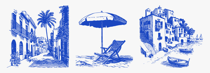 Mediterranean beach village street umbrella seaside scenery. Hand drawn blue ink set with palm, chair and harbor houses. Summer travel scenes in vintage coastal style.