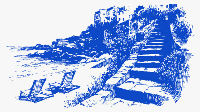 Seaside houses and stone steps mediterranean village. Hand drawn blue ink coastline with deck chairs and rocky shore. Summer travel scenery for decor or prints.