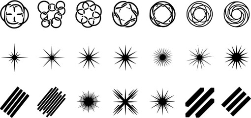 Decorative Radial Lines, Star Flares, and Artistic Shine Elements Vector Silhouette Set