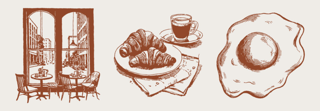 Bakery croissant coffee sunny cafe hand drawn. Crayon vintage sketch drawing line style with window table and fresh pastry plate. Warm french breakfast for posters or packaging.