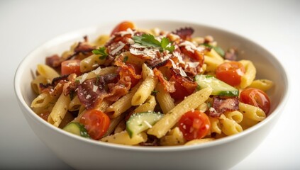 Rich pasta salad topped with ample crispy bacon