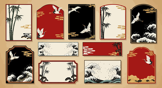 Elegant East Asian Inspired Decorative Frames and Borders with Crane and Bamboo Motifs