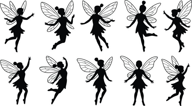 Set of ten black fairy silhouette illustrations featuring magical winged nymphs in various flying and dancing poses for fantasy vector design