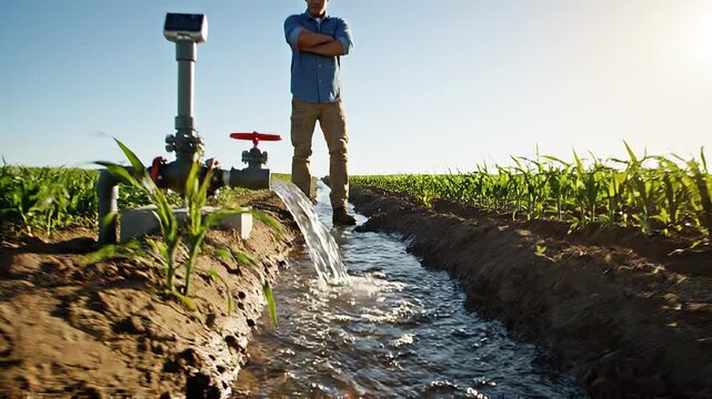Farmer checking irrigation system in a field of young corn plants with water flowing through a trench, symbolizing modern agriculture and water management