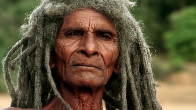 Elderly man with long dreadlocks gazing thoughtfully into the distance. Represents wisdom, resilience, and cultural heritage