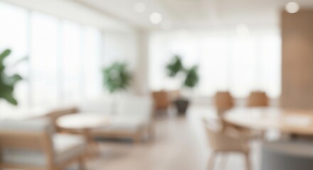 Fototapeta premium Stylish and Modern Office Interior Featuring Abstract Chairs, Tables, and Soft Ambient Lighting