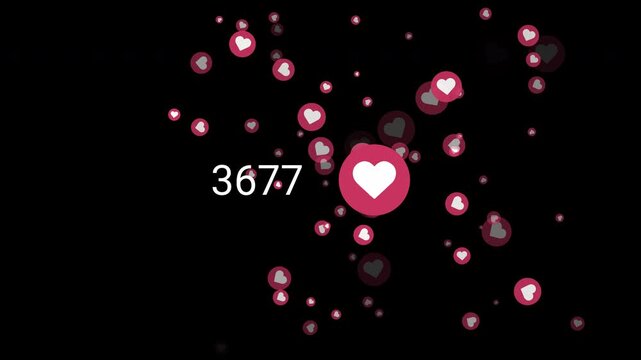 An animated counter with red hearts that connect into one big heart. Transparent background, alpha channel, 60 fps animation with loop. Collecting likes on social networks overlay concept video.