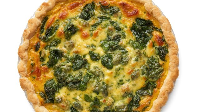 Savory homemade spinach quiche on white background, overhead view