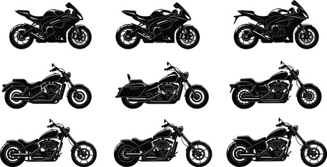 Motorcycle silhouette collection featuring sport bikes cruisers and choppers icons in various styles for automotive design racing and biker lifestyle projects. © Mst