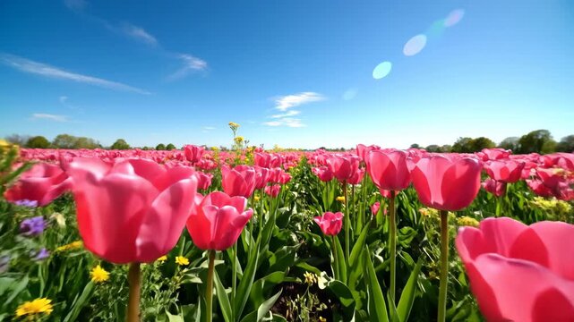 Vast field of vibrant pink tulips under a bright blue sky with fluffy white clouds
