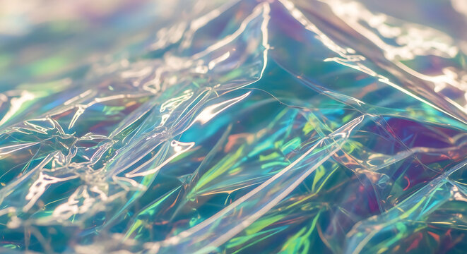 A close-up view of crinkled iridescent plastic sheeting reflecting light