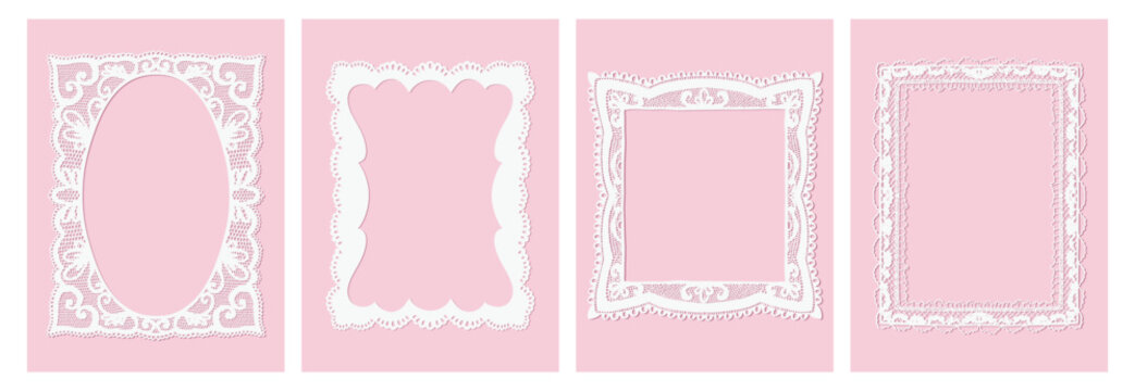 White Lace Frames Set on Pink Background &ndash; Decorative Paper Cut Borders Collection