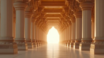 Obraz premium Serene Temple Corridor with Light Glowing at the End, Showcasing Majestic Architecture and Tranquil Atmosphere