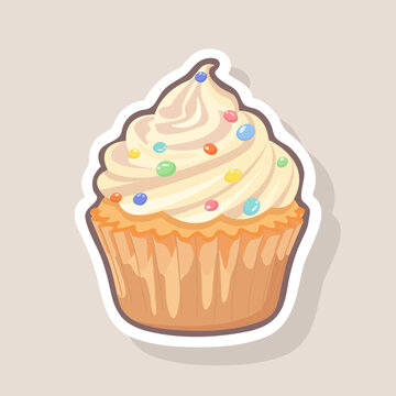 Cute cupcake sticker with creamy frosting and colorful candy sprinkles. Sweet dessert vector illustration with sticker outline, perfect for packaging, planner, scrapbooking, kids design, bakery brandi