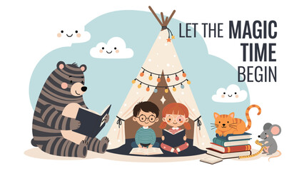 Friendly bear and two children enjoy a magical reading time inside a cozy teepee tent with their pet cat and mouse. © Rubina
