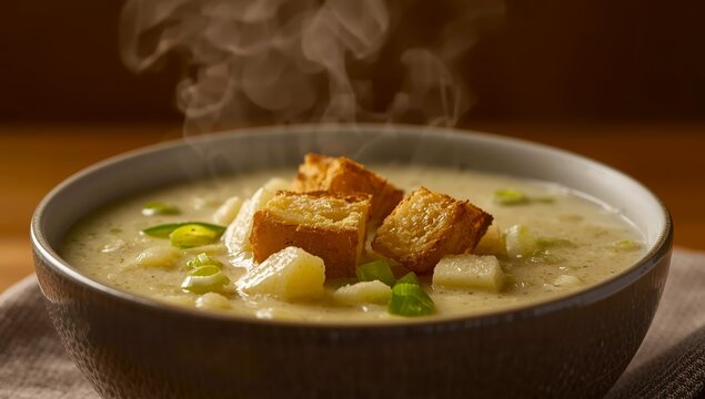 Soup made of leeks and potatoes, topped with bread croutons