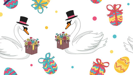 Elegant seamless pattern featuring white swans wearing top hats carrying flower boxes mixed with colorful decorated Easter eggs. © Rubina