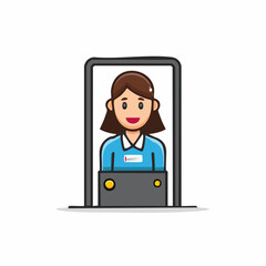 Cartoon woman behind a counter, receptionist smiling, looking through a screen, service concept