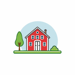 Cartoon illustration of a red house with a tree and bushes