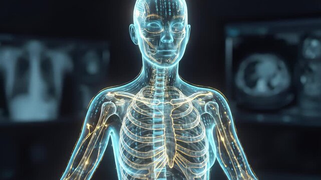 Digital female skeleton torso with binary code data flowing inside body against blurred medical screens background. Future medicine technology and artificial intelligence healthcare