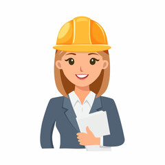 Smiling female engineer in hard hat holding documents