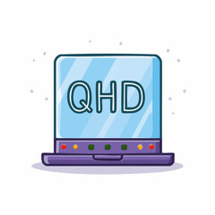 Cartoon laptop computer screen with QHD letters