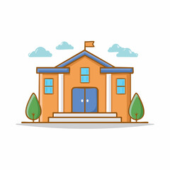 Cartoon illustration of a school building with trees and clouds.