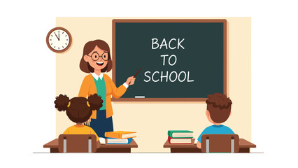 Friendly teacher points to the blackboard while students sit at their desks for the first day of the back to school season.