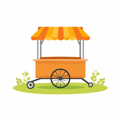 Orange Food Cart Illustration on Green Grass with Flowers