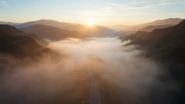 A serene foggy road winds through a majestic mountain landscape at sunrise from a high vantage point.