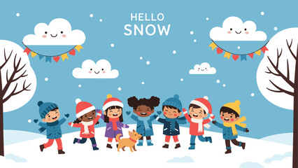 Fototapeta premium Diverse group of children and a dog play happily in a winter wonderland filled with snow and smiling clouds.