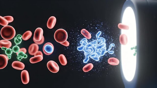 Hormonal Blood Test Visualization Featuring Estrogen And Testosterone Molecules Flowing Through Red Blood Cells In Dark