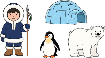 Cute cartoon Arctic set featuring a young Inuit child in parka, blue ice igloo, white polar bear, and small penguin © Mokbul