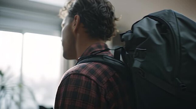 Young man with backpack looking away.