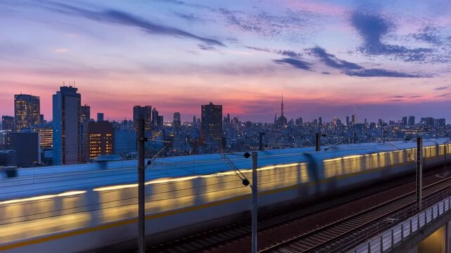 High-speed train passing through a vibrant city skyline at sunset. Represents urban transportation and the dynamic energy of city life
