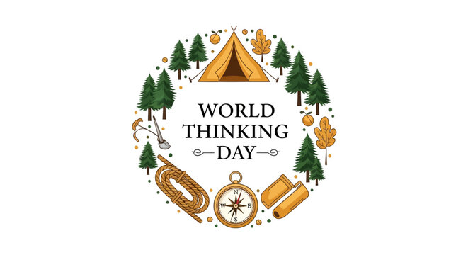 Illustration of World Thinking Day 2026 icon with empowering girls and global action elements in a circular composition with a sustainability and peace theme.